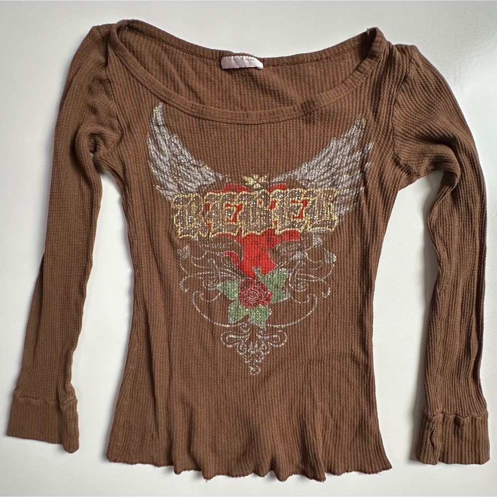 Y2K Romeo & Juliet Couture Rebel Graphic Thermal Top Brown Size Med Distressed